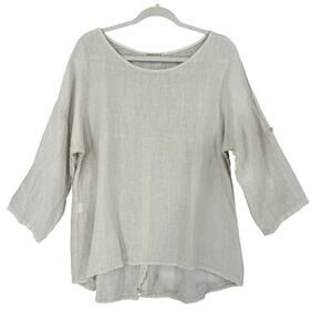 Terzo Millennio Linen Tunic Top Womens L Tan‎ Lagenlook Cottagecore Long Sleeve
